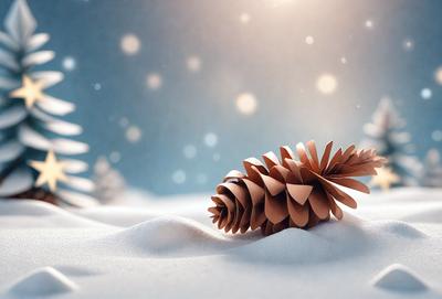 The primary subject of the image is a pinecone, which is the main object in the scene. The setting is a snowy environment, with the pinecone sitting on a snow-covered hill. The visual style of the image is a digital art, as it appears to be a creative and artistic representation of the pinecone in the snow. The colors and mood of the image are predominantly white, with the snow creating a serene and peaceful atmosphere.